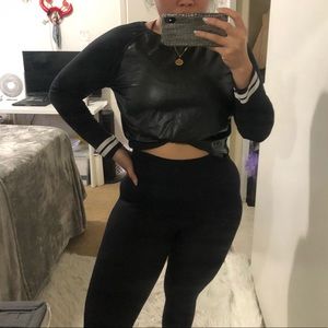 Faux Leather Panel Long Sleeve Crop Top